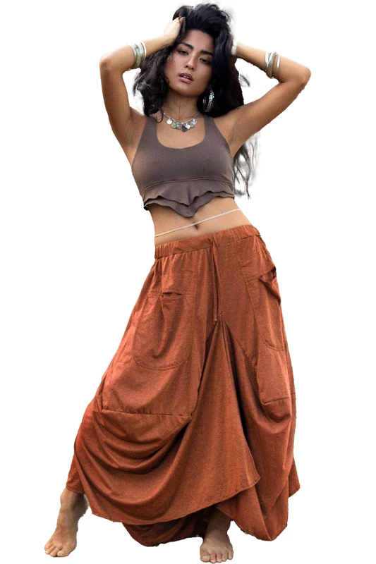 Thaluta Women's Maxi Skirt Bohemian with Pockets Gypsy Elastic High Waist Cotton - Orange - One Size - Image 1