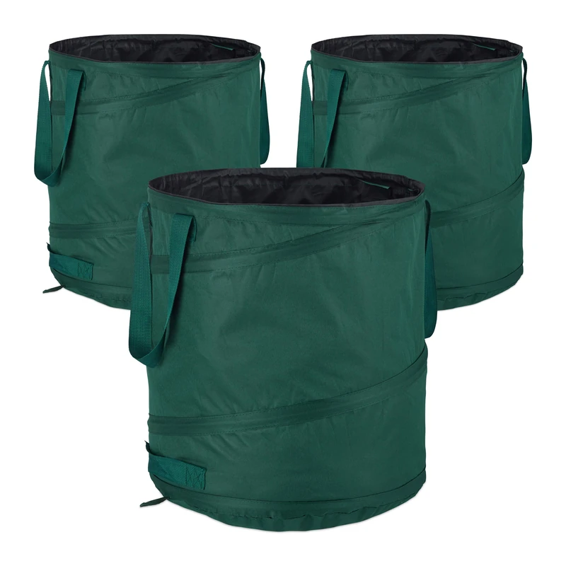 Relaxdays Freestanding Leaf Sack, Set Of 3, Garden Waste Sack, Pop-up, 85 L, Garden Container, ∅: 46 cm, Green