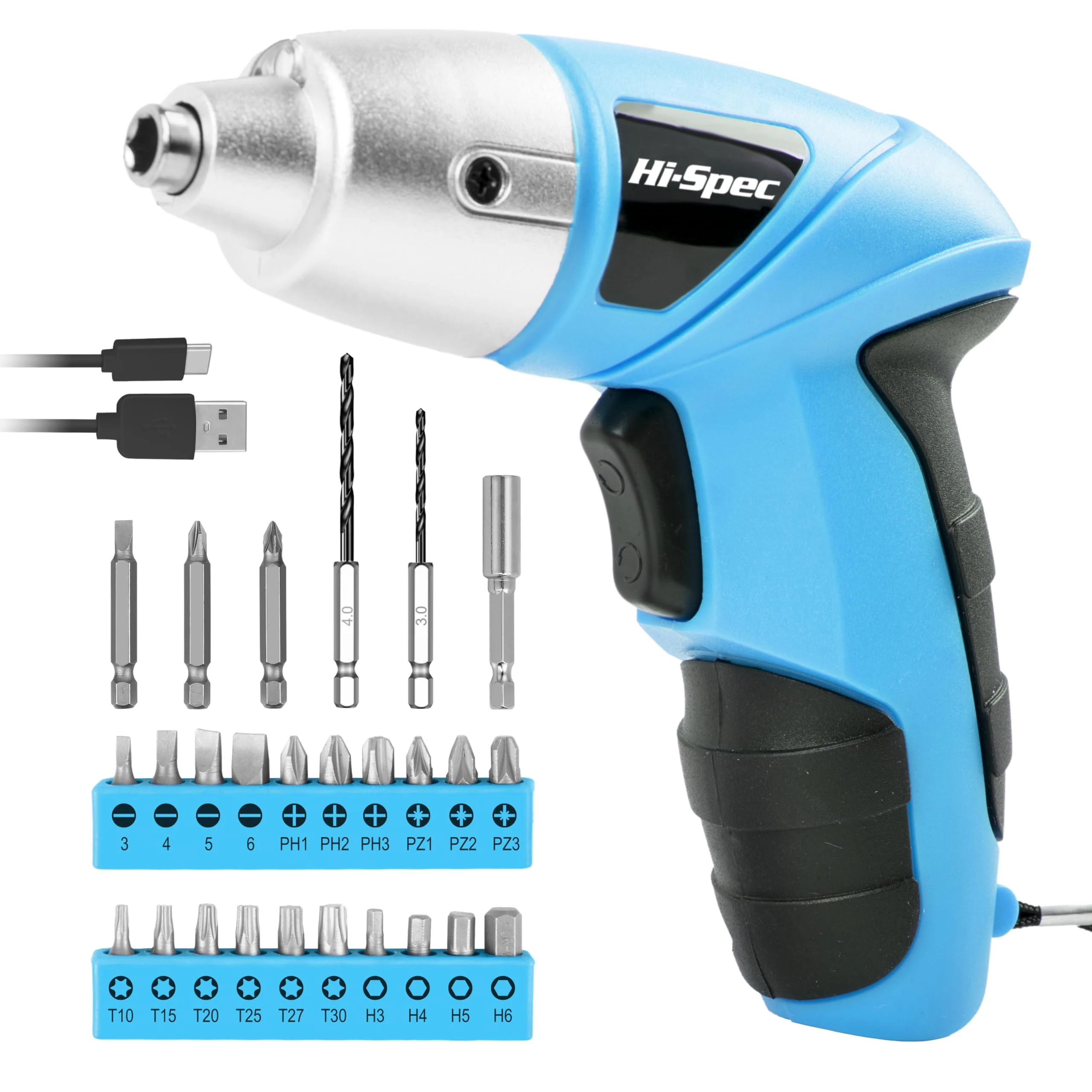 Hi-Spec 27pc Blue Cordless Electric Screwdriver. Rechargeable Screwdriver with 23 Driver Bits, LED Light & USB Charging. Compact DIY Tool for Home, Office & Furniture Assembly