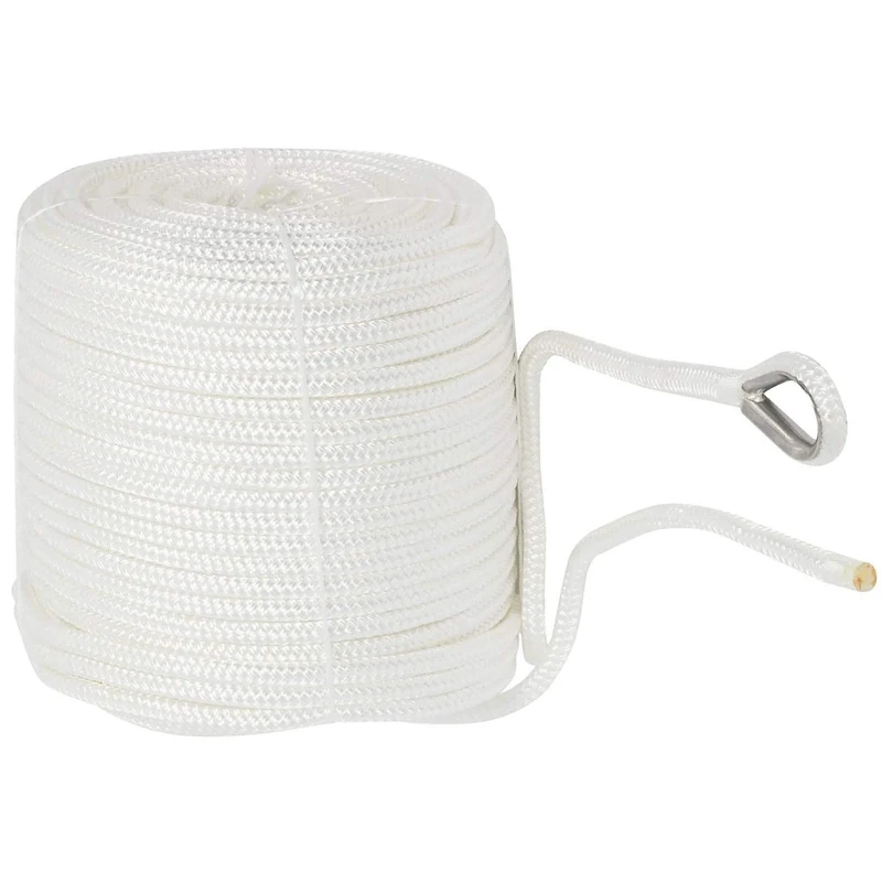 NovelBee 3/8" x 200' Double Braid Nylon Anchor Line with Stainless Steel Thimble (White)