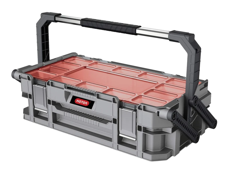 KETER - Cantilever Connect - Toolbox - Large 2 tier Tool Box to Store Your Tools - 2 leg support - 11 Removable Compartments - Metal Latches, Plastic Case - Grey