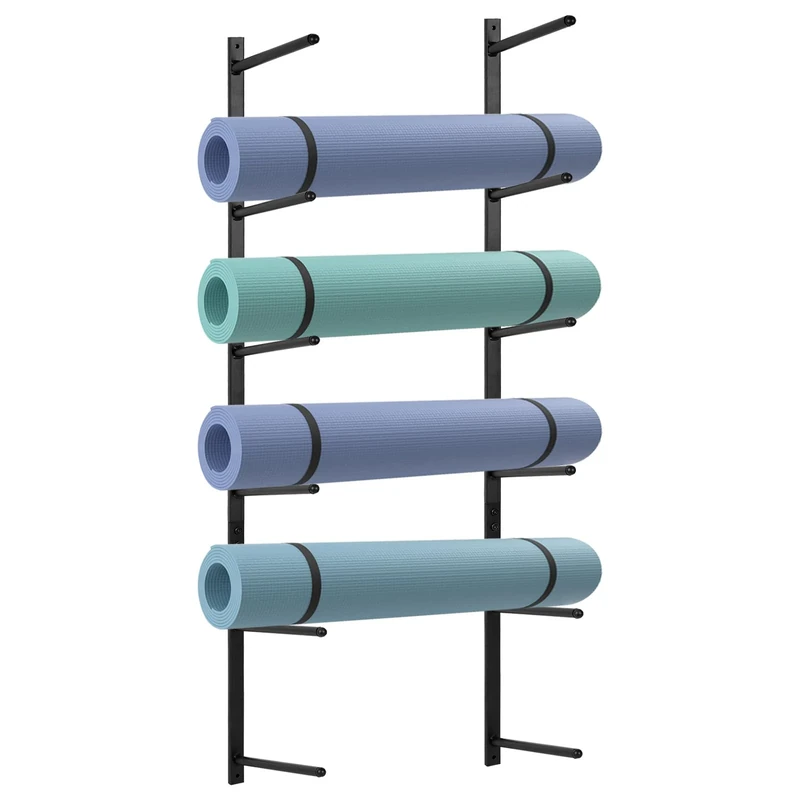 Retyion Black Yoga Mat Rack, 6-Shelf Wall Mount Storage Holder for Foam Rollers, Skateboards, Ski Boards - 39.37" L x 8.66" W x 1.2" D