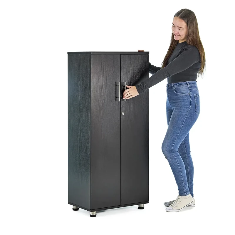 MMT Black Wooden Storage Cupboard – Lockable 2-Door Cabinet with 2 Shelves for Home, Office or Garage – Engineered Wood Unit with Secure Lock, 55L x 35D x 125H