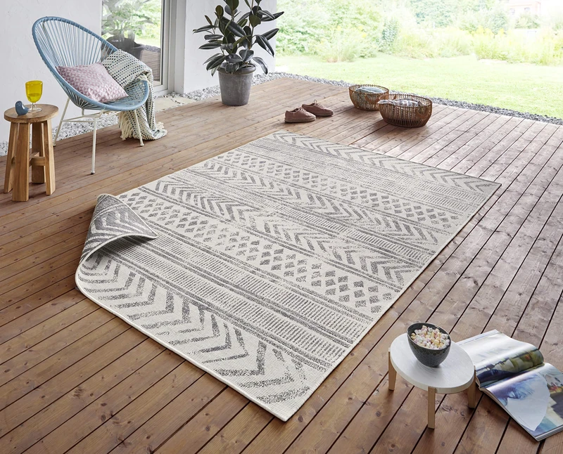 NORTHRUGS Biri Indoor and Outdoor Rug 120 x 170 cm - Reversible Rug Weatherproof Boho Style Vintage Design Runner for Balcony Patio Garden Conservatory Living Room Rug Waterproof in Grey Cream