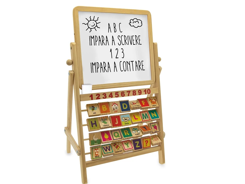 Teorema Giocattoli - Multiactivity Double Face Wooden Board with Alphabeter, Numbers from 1 to 10 and Accessories, 40513