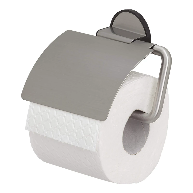 Tiger Tune Toilet Roll Holder with Cover, No Drilling Required Thanks to 3M Self-Adhesive Backing System, Optional Mounting with Screws and Plugs, Stainless Steel Brushed, Black, 15 x 12.3 x 3.3 cm