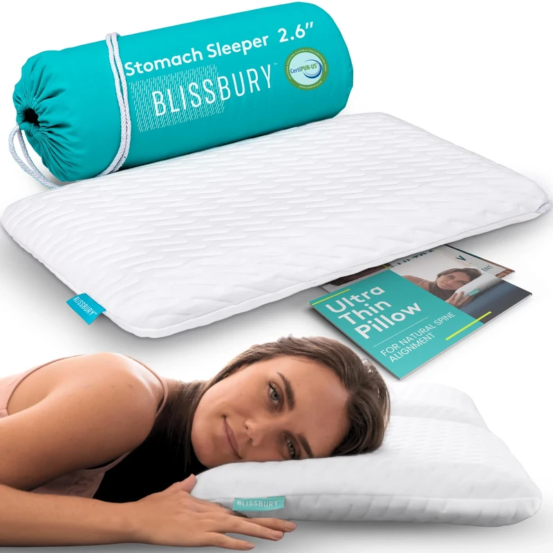 BLISSBURY Thin 2.6" Stomach Sleeping Memory Foam Pillow. Slim, Flat, Cooling Sleep for Belly or Back with Soft Bamboo Washable Cover, Neck and Head Support for Men and Women Bedding Accessories