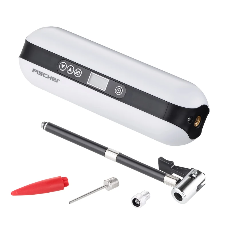 FISCHER Battery compressor, electric air pump, 10.3 bar, power bank and flashlight, for bicycle, car, motorcycle and much more.