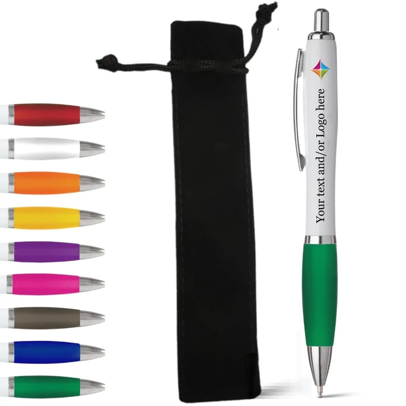 stika.co Green Promotional Pen with Velvet Pouch - Personalised Rubber Ballpoint Pens for School, Work, and Events - UV printed vibrant colors, with large branding space