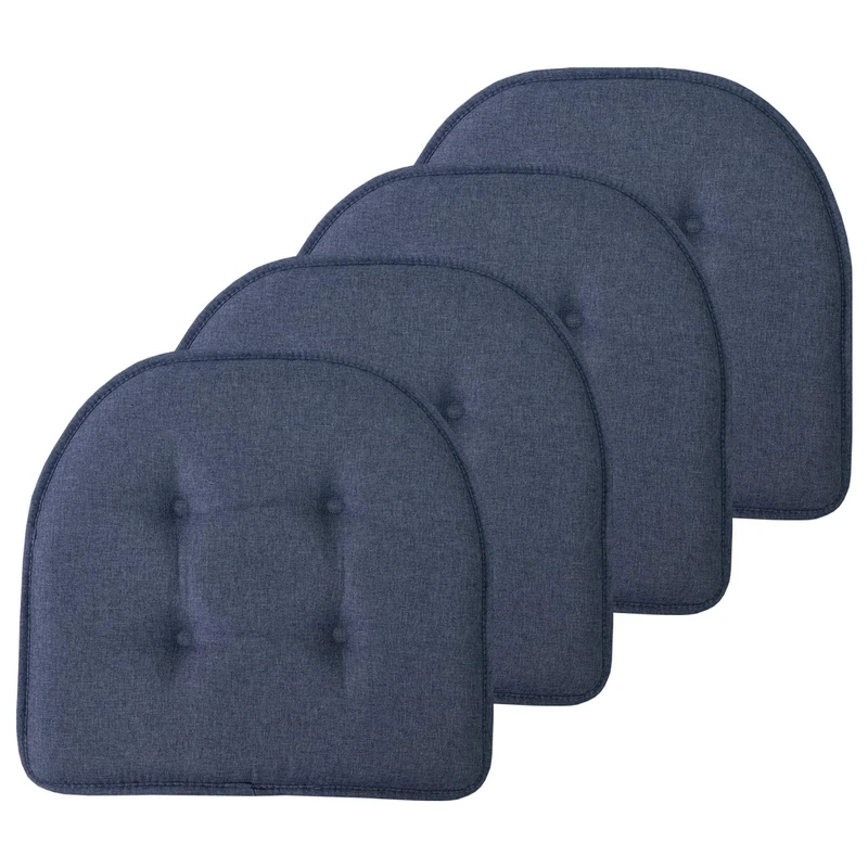 Sweet Home Collection Chair Cushion Memory Foam Pads Tufted Slip Non Skid Rubber Back U-Shaped 17" x 16" Seat Cover, Denim Blue 4 Count