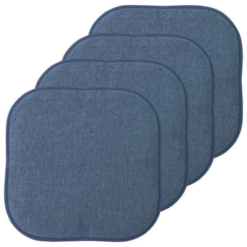 Sweet Home Collection Chair Cushion Memory Foam Pads Honeycomb Pattern Slip Non Skid Rubber Back Rounded Square 16" x 16" Seat Cover, Alexis Denim - 4 Pack