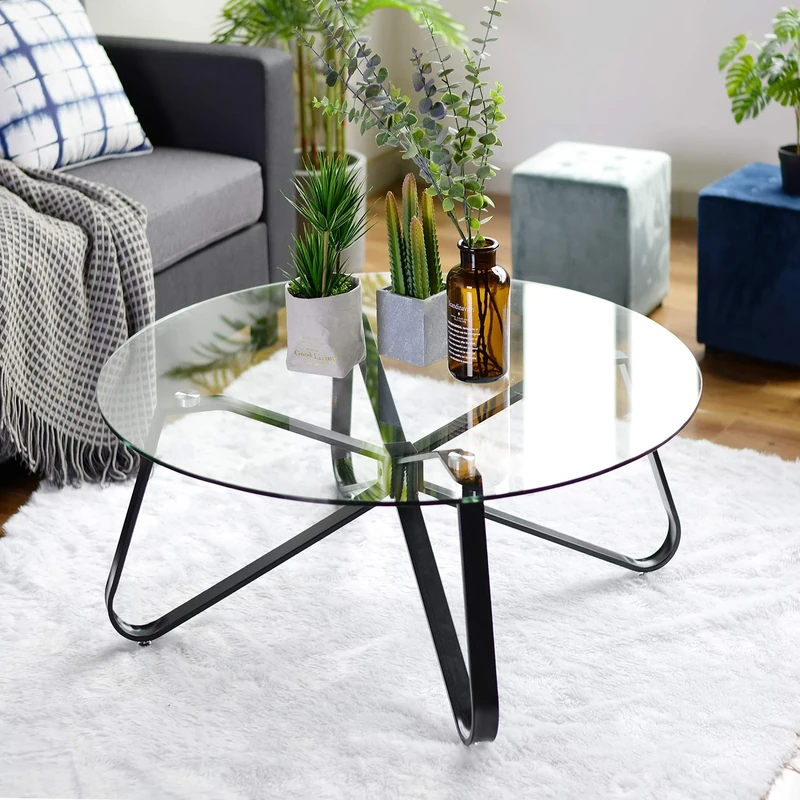 FITATHOME Round Tempered Glass Coffee Table, Nordic Minimalism Style Sofa Central, Modern End Side Table with Iron Black Base for Home, Living Room, Patio, Garden(80cm*80cm*40cm)
