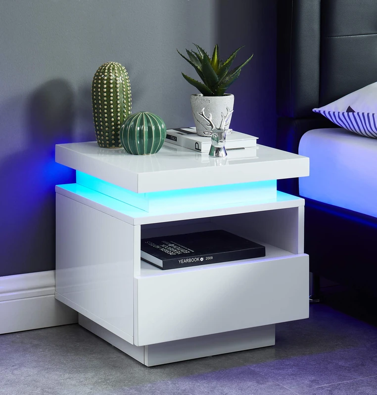 BAÏTA Cosmos Bedside Table with LED Blue Lacquered White