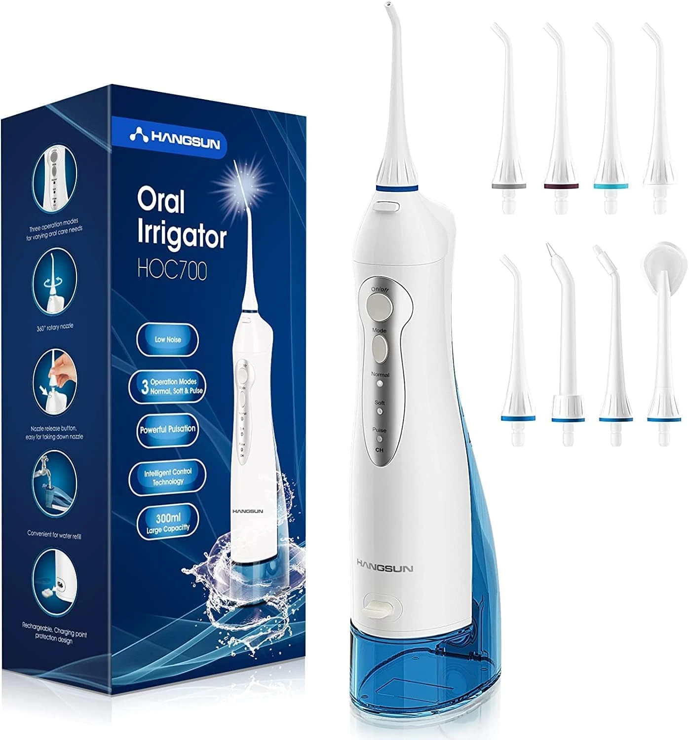 Hangsun Water Flossers for Teeth Cordless Oral Irrigator Dental Water Jet Electric Tooth Flosser with 8 Jet Tips 300ML Water Tank USB Rechargeable for Tavel and Home Use (Blue)