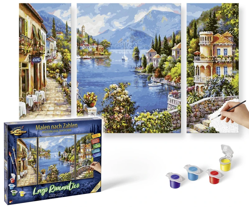 Schipper 609260818 Painting by Numbers - Lago Romantico - Painting Pictures for Adults Including Brush and Acrylic Paints Triptych 50 x 80 cm