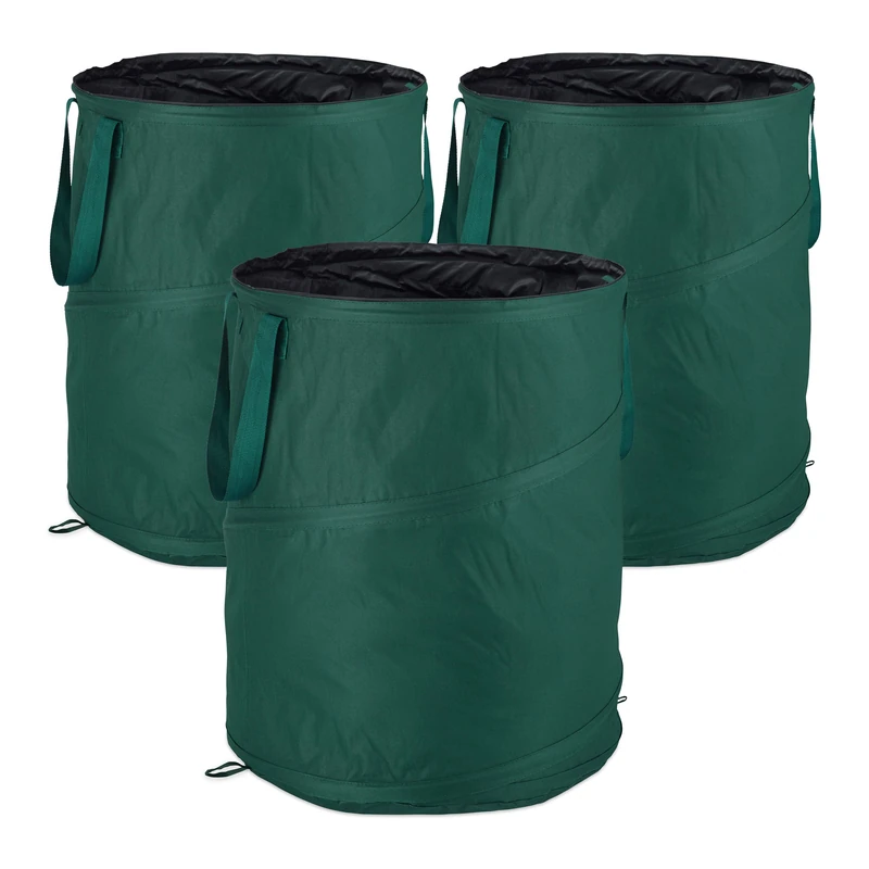 Relaxdays Freestanding Leaf Sack, Set Of 3, Garden Waste Sack, Pop-up, 160 L, Garden Container, ∅: 55 cm, Green