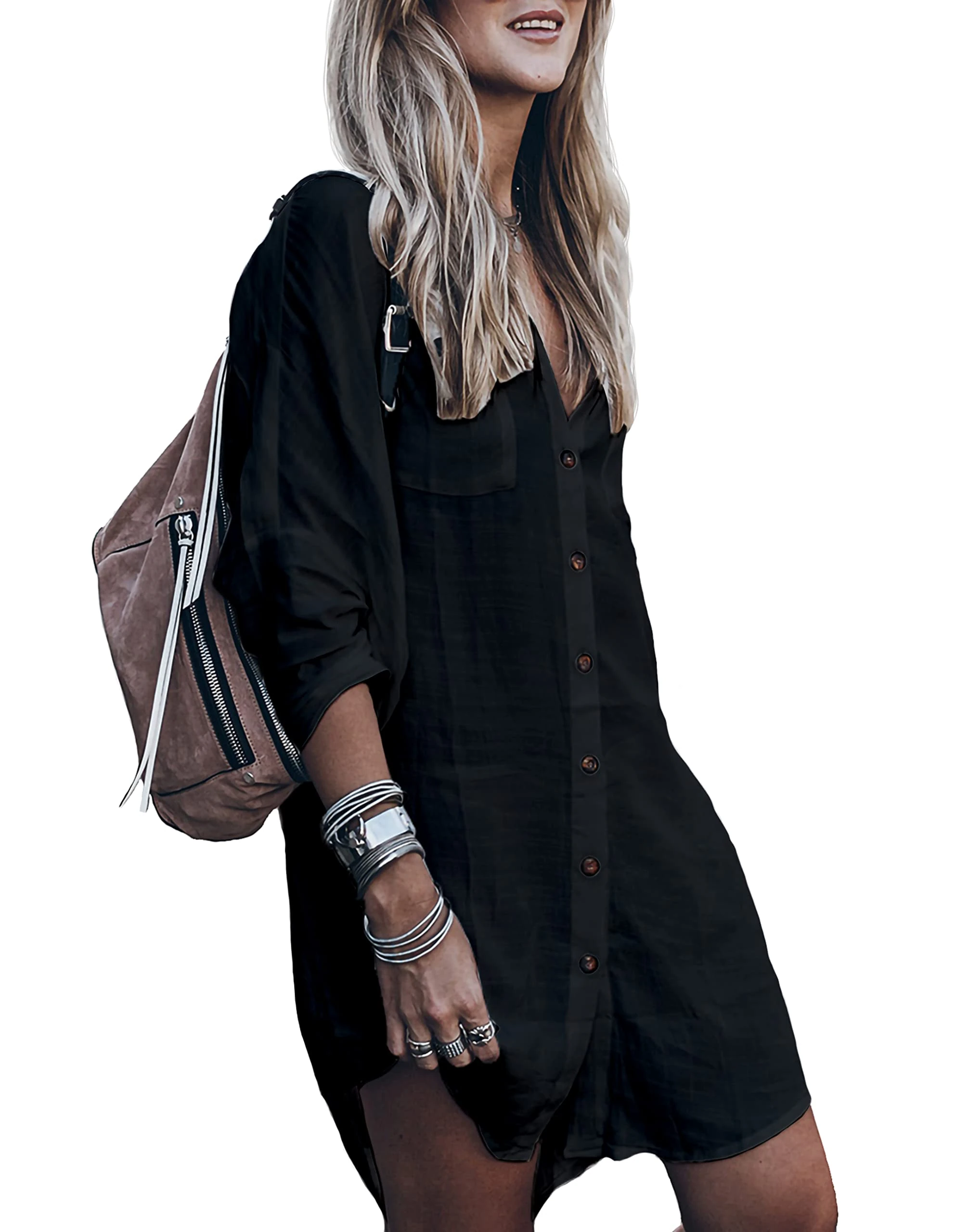 Women’s Swimsuit Cover up,Silky Button Down Shirt Midi Dress Kimono,Summer Bathing Suit Beach Coverups for Women (CP-Aline), Black, Small