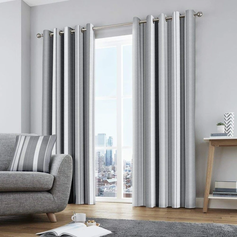 Fusion Matteo Grey Stripe Cotton Curtains – W90 x L72" (229x183cm) – 2 Panels – Eyelet Drapes for Bedroom or Living Room – Soft Grey Striped Design – Matching Cushion Sold Separately