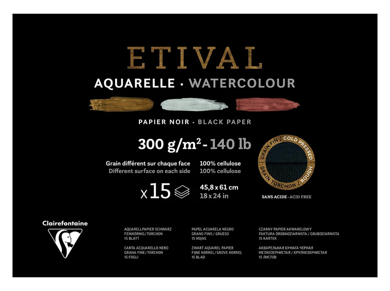 Clairefontaine - Ref 975324C - Etival Cold Pressed Black Watercolour Painting & Drawing Pad (15 Sheets of Paper) - 46 x 61cm - 300gsm Cellulose Art Paper