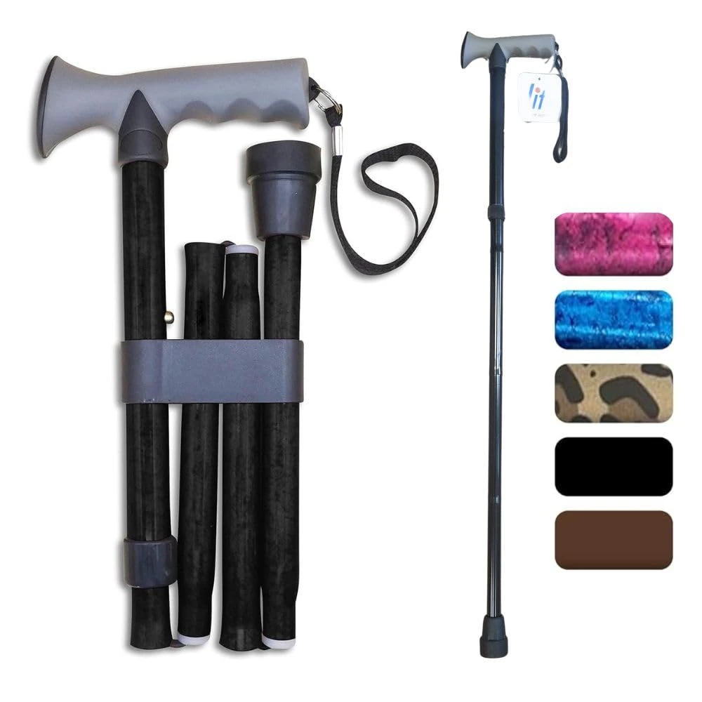 Life Healthcare Walking Stick Comfort Gel Handle For Arthritis, For Elderly,Disabled, Folding Adjustable Height, Plain Black, Right Or Left Handed, With Non-Slip Rubber Tip, Wrist Strap, Lightweight