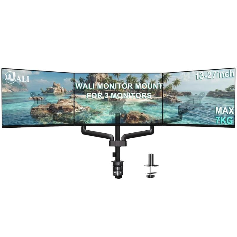 WALI Triple Monitor Arm for 17"- 27" Screen, Adjustable Gas Spring Monitor Arms with Tilt Swivel Rotate, Triple Monitors Stand with C Clamp & Grommet Base, VESA 75 & 100mm, Black (GSDM003)