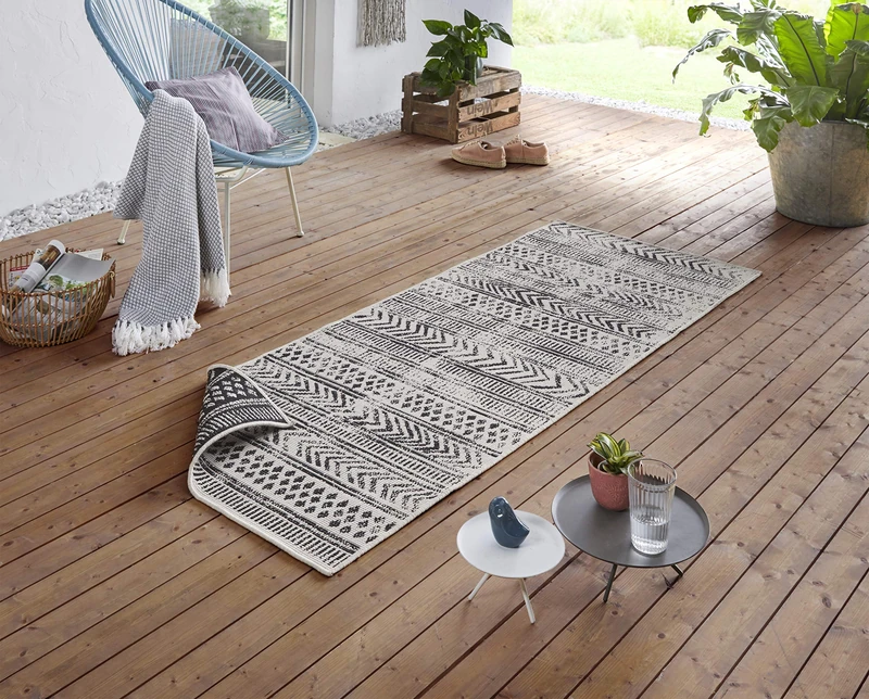 Hanse Home NORTHRUGS Biri Indoor and Outdoor Rug 80 x 250 cm Reversible Rug Weatherproof Boho Style Vintage Design Runner for Balcony Patio Garden Conservatory Living Room Waterproof in Black Cream