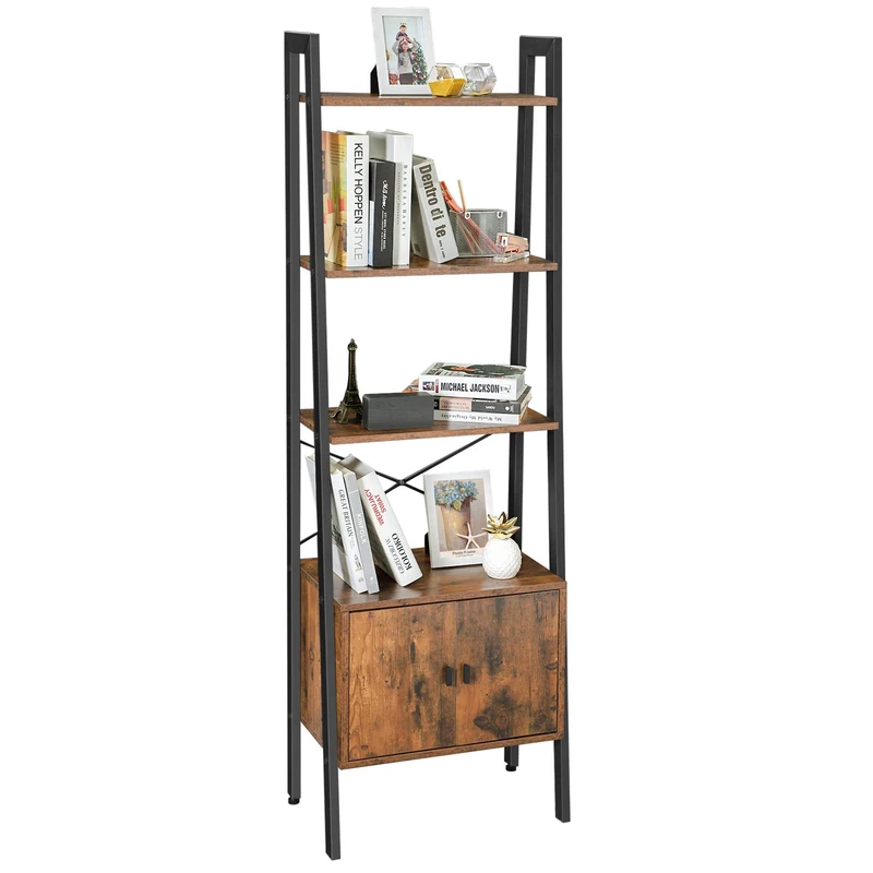 VASAGLE Shelf Ladder, Bookcase, Storage Shelf with Cupboard, 4 Tiers, Stable Steel Frame, Living Room, Bedroom, Office, 56 x 34 x 173 cm, Industrial Style, Rustic Brown LLS47BX