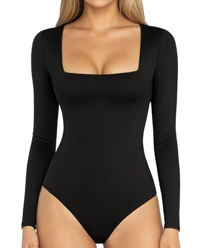 MANGOPOP Women's Bodysuit, 01 Black Long Sleeve, Medium