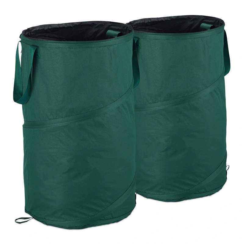 Relaxdays Freestanding Leaf Sack, Set Of 2, Garden Waste Sack, Pop-up, 120 L, Garden Container, ∅: 44 cm, Green