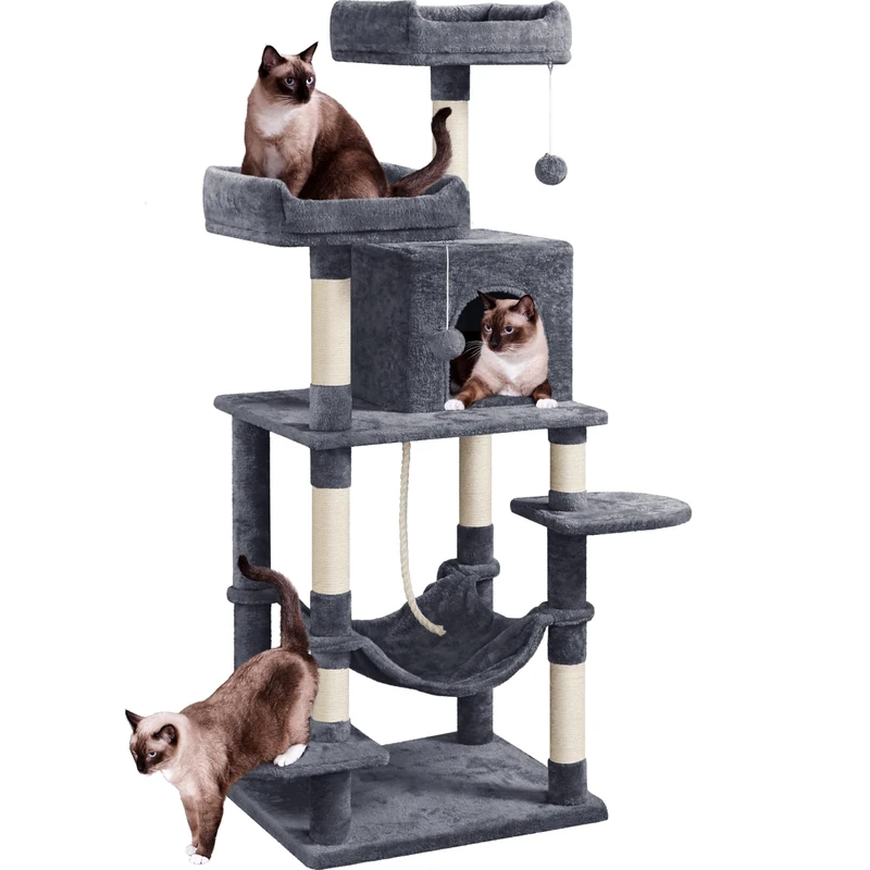 Yaheetech 150cm Large Cat Tree Tower Cat Scratching Posts with Condos/Hammock Kitten Climbing Tower for Indoor Kittens/Cats, Dark Grey