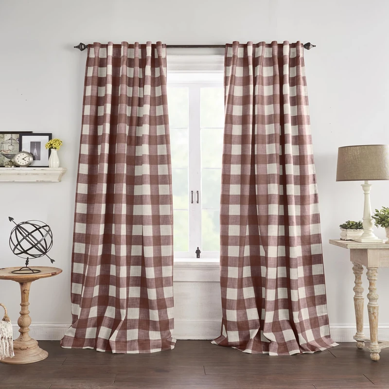 Elrene Farmhouse Living Grainger Buffalo-Check Blackout Window Curtain, Polyester,Linen, Red, 52" W x 84" L (Pack of 1)