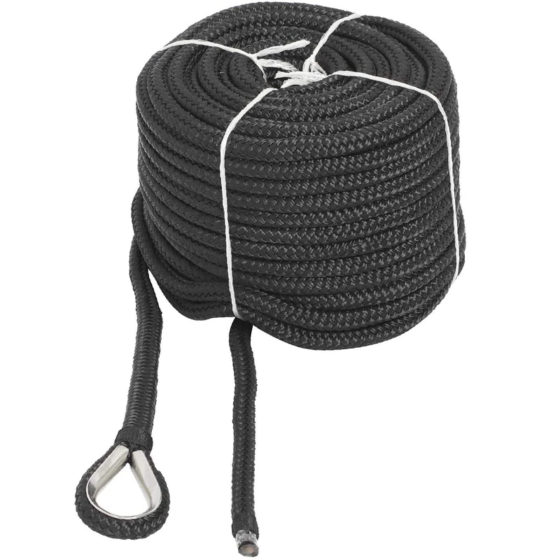 NovelBee 1/2" x 100' Double Braid Nylon Anchor Line with Stainless Steel Thimble,Safe Workload:1,020 Lbs;Tensile Strength:5,100 Lbs (Black)