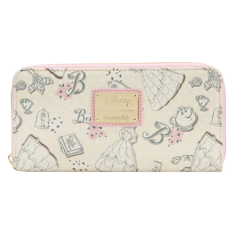 Loungefly Disney Beauty and The Beast Belle Pink Allover Print Zip Around Wallet, Multicolored, One Size, Zippered Wallet