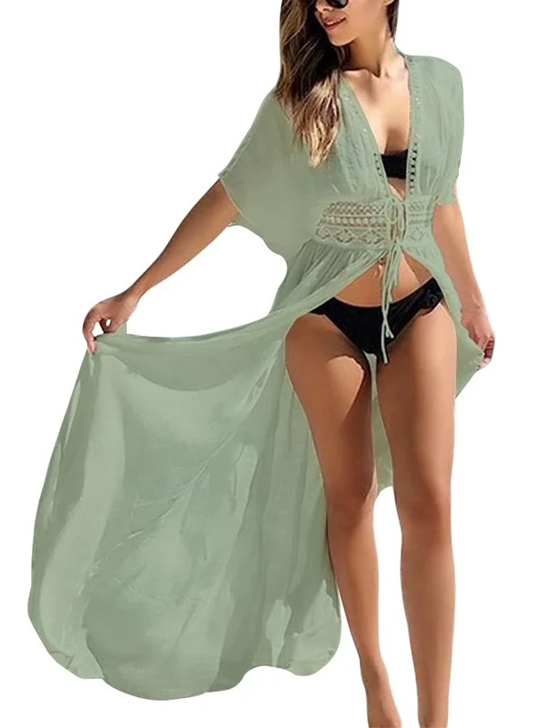 FANCYINN Women Lace Beach Kimonos Cardigan Open Front Swimsuit Crochet Beach Bikini Cover up Dress Green XS - Image 1