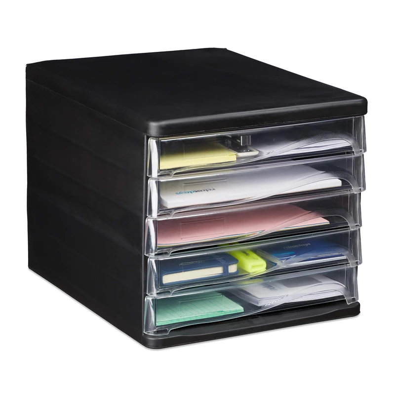 Relaxdays Filing Organiser, 5 Drawers for Stationery Supplies, DIN A4, Letter Rack, HWD 24.5x26.5x34 cm, Black