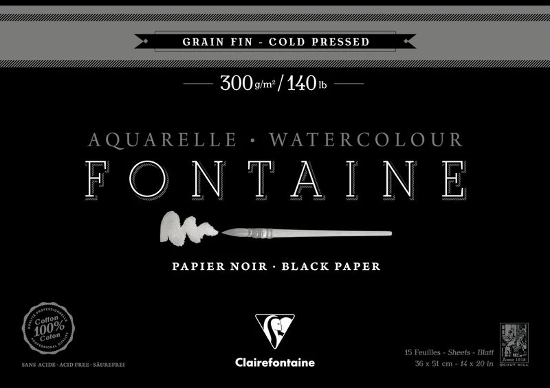 Clairefontaine - Ref 975306C - Fontaine Cold Pressed Black Watercolour Pad (15 Sheets) - 36 x 51cm Size, 300gsm Paper - Suitable for Watercolour Artwork