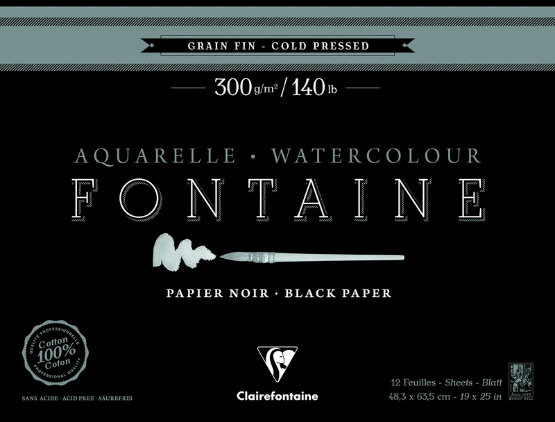 Clairefontaine - Ref 975309C - Fontaine Cold Pressed Black Watercolour Pad (12 Sheets) - 48.3 x 63.5cm Size, 300gsm Paper - Suitable for Watercolour Artwork