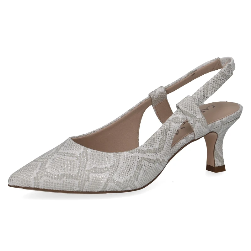CAPRICE Women Slingback Pumps Leather Pointed, Gray (White Reptile), 5 UK