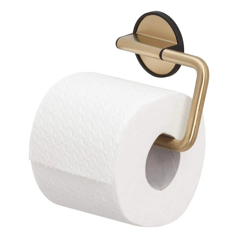 Tiger Tune Toilet Roll Holder, No Drilling Required Thanks to 3M Self-Adhesive Backing System, Optional Mounting with Screws and Plugs, Brass Brushed, Black, 15 x 10 x 2.6 cm