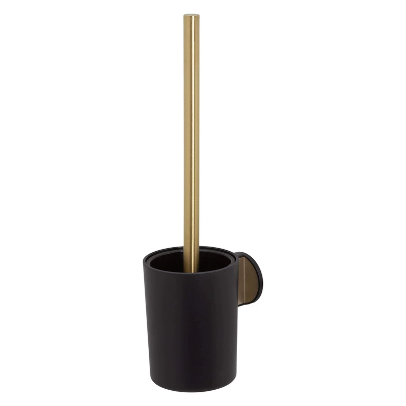 Tiger Tune Toilet Brush and Holder, No Drilling Required Thanks to 3M Self-Adhesive Backing System, Optional Mounting with Screws and Plugs, Brass Brushed, Black, 9.6 x 38.2 x 12.1 cm
