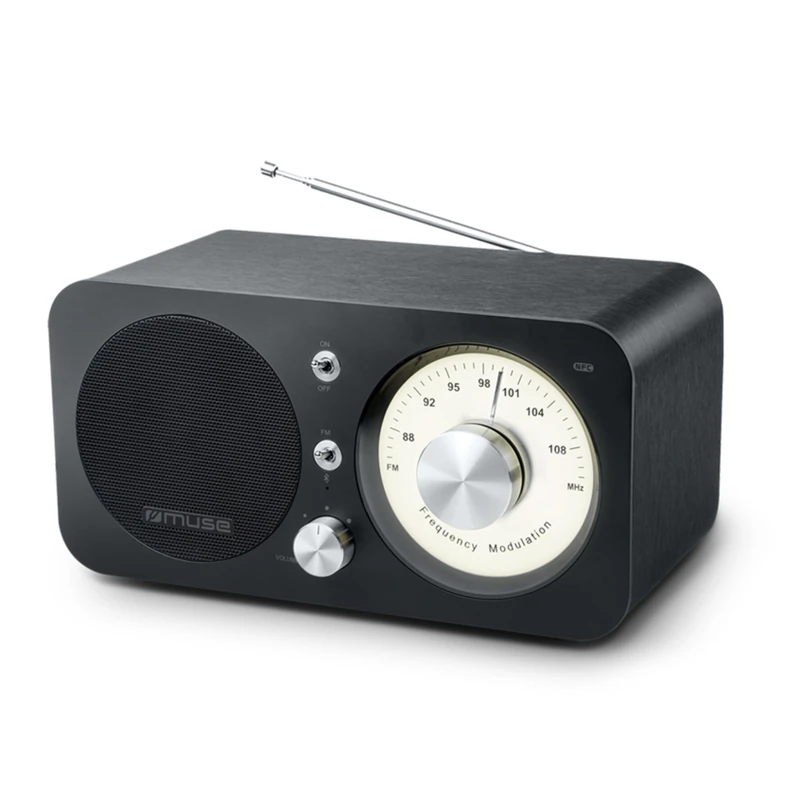 Muse M-095 BT Bluetooth Retro Radio with FM Tuner, NFC and USB Charging Port (Telescope Antenna, AUX), Black