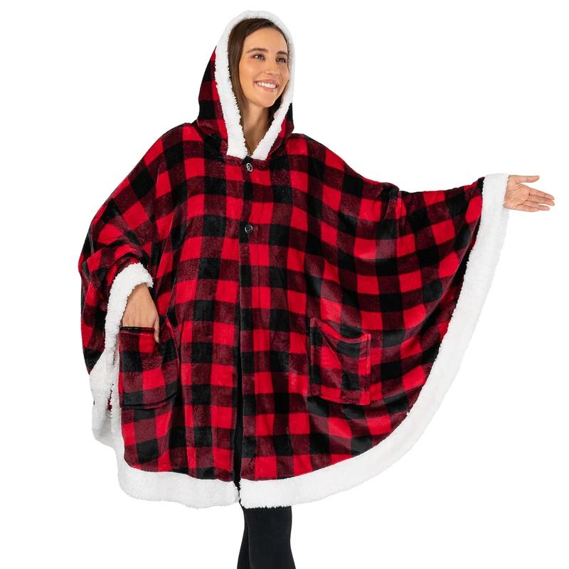 PAVILIA Angel Wrap Hooded Blanket | Poncho Blanket Wrap with Soft Sherpa Fleece | Wearable Blanket Throw Gift with Hood Pockets Cape | Plush Warm Shawl Cozy Gifts for Women Wife (Checker Red)