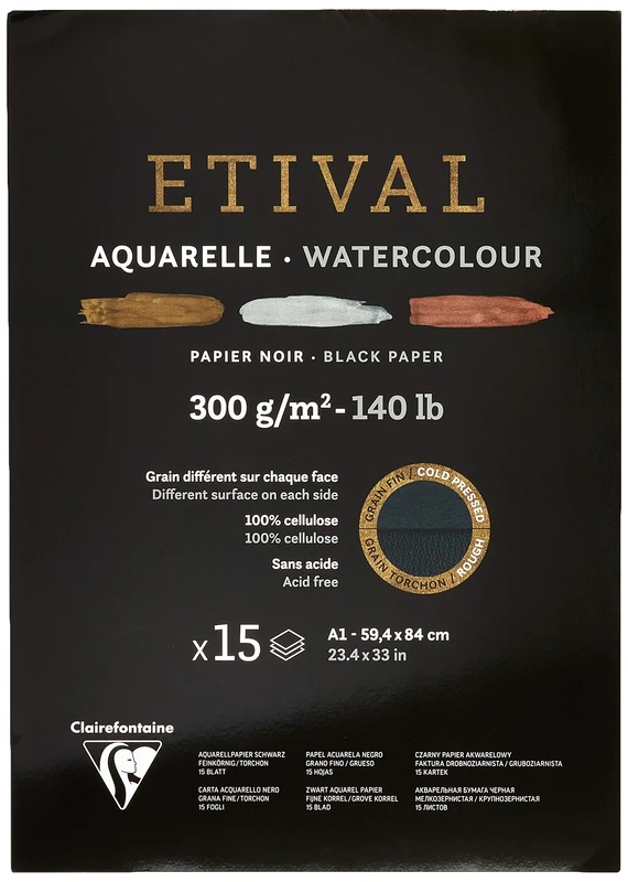 Clairefontaine - Ref 975321C - Etival Cold Pressed Black Watercolour Painting & Drawing Pad (15 Sheets of Paper) - A1 (84 x 59.4cm) - 300gsm Cellulose Art Paper