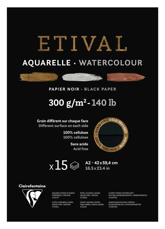 Clairefontaine - Ref 975320C - Etival Cold Pressed Black Watercolour Painting & Drawing Pad (15 Sheets of Paper) - A2 (59.4 x 42cm) - 300gsm Cellulose Art Paper