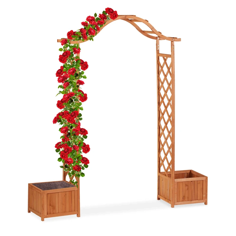 Relaxdays Wooden Rose Arch, Decorative Pergola, 2 Planter Boxes, Weatherproof Trellis, 209 x 181 x 60 cm, Orange