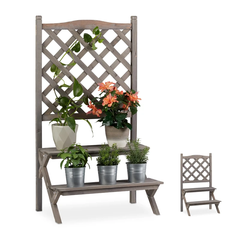 Relaxdays Flower Rack with Trellis, 2-Tier Plant Stand, Wooden Shelf, HWD: 109x61x40 cm, Grey