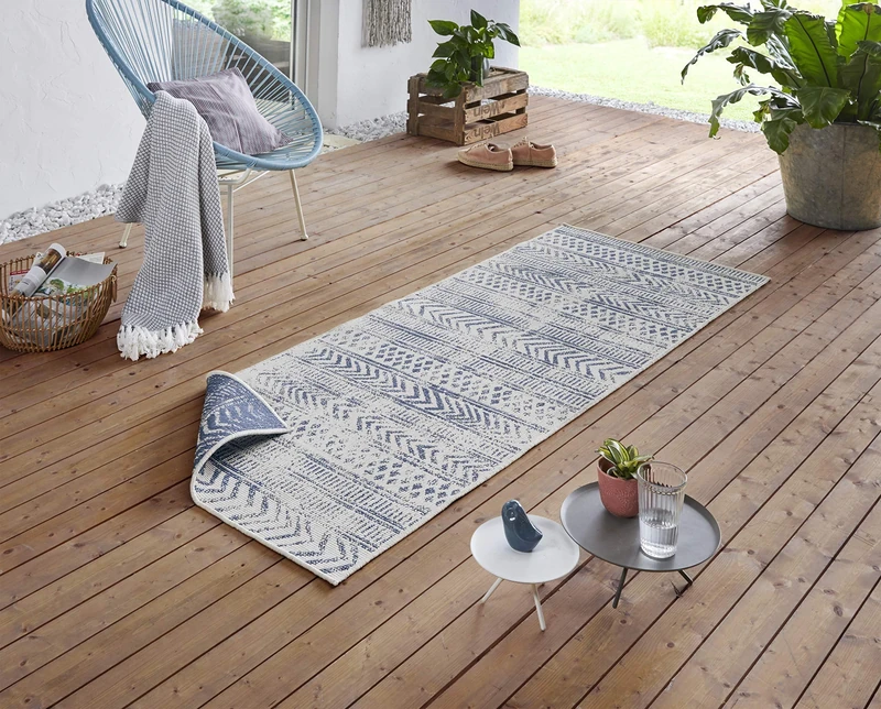 NORTHRUGS Biri Indoor and Outdoor Rug 80 x 350 cm - Reversible Rug Weatherproof Boho Style Vintage Design Runner for Balcony Patio Garden Conservatory Living Room Rug Waterproof in Blue Cream