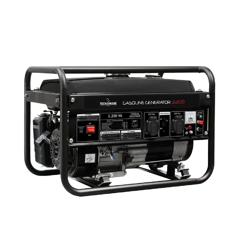 Tecnoware Power Systems - Single-phase Electric Generator, 230 Vac 50Hz, 3200 VA Peak Power, Low-consumption Petrol Engine, AVR System, Manual Ignition, 15L Tank, Black, 3200 VA