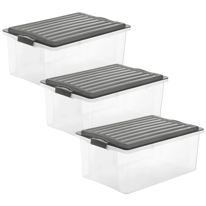 Rotho Compact Set of 3 storage boxes 38 l with lid, Plastic (PP) BPA-free, anthracite/transparent, 3 x A3/38l (57,5 x 40,0 x 25,0 cm)