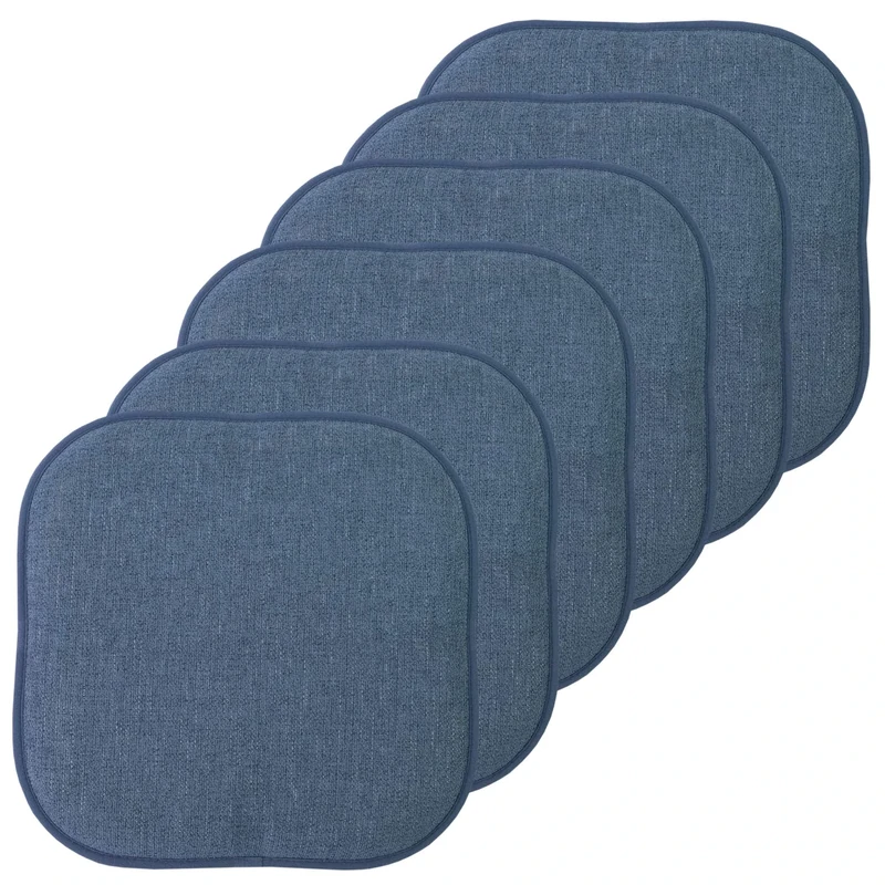 Sweet Home Collection Chair Cushion Memory Foam Pads Honeycomb Pattern Slip Non Skid Rubber Back Rounded Square 16" x 16" Seat Cover, Alexis Denim - 6 Pack